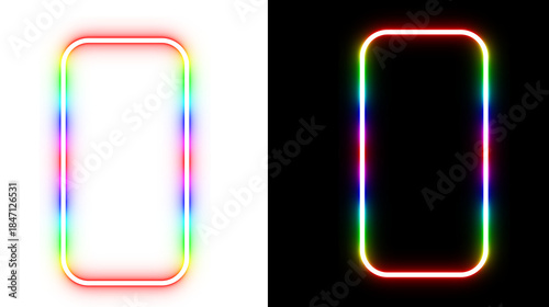 Glowing Rainbow Neon Rectangular Frame with Rounded Corners isolated on a transparent background 