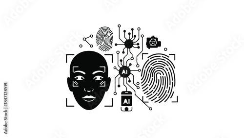 Biometric facial recognition technology with fingerprint scan and artificial intelligence elements in futuristic cyber security concept