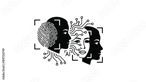 Futuristic human faces with fingerprint and circuit patterns in black and white illustration for technology and identity concept