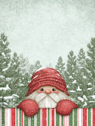 Adorable Hand-Drawn Christmas Gnome Illustration Peeking Over Festive Candy Cane Border: Cute Winter Dwarf Character in Snowy Pine Forest, Ideal for Holiday Cards, Vertical Posters