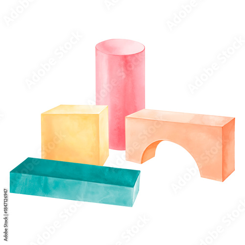 Toy blocks stack of different shapes. Watercolor cartoon illustration of a building block set on a white background. Construction set for children, background concept, children's cards