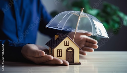 insurance business The agent spreads the umbrella on the house. The concept of preventing health accidents and natural disasters, a close-up image.