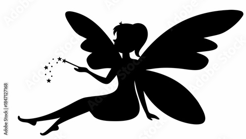 Elegant fairy silhouette with extended wings, poised and magical, on a white background. Fantasy illustration.