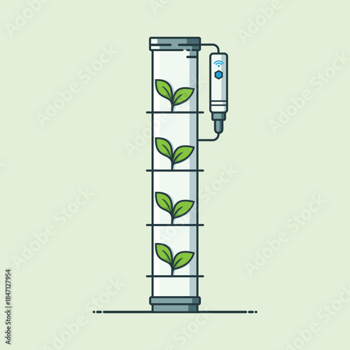 Smart Vertical Hydroponic Farming System Illustration. Concept of sustainable agriculture, agrotechnology, and indoor farming