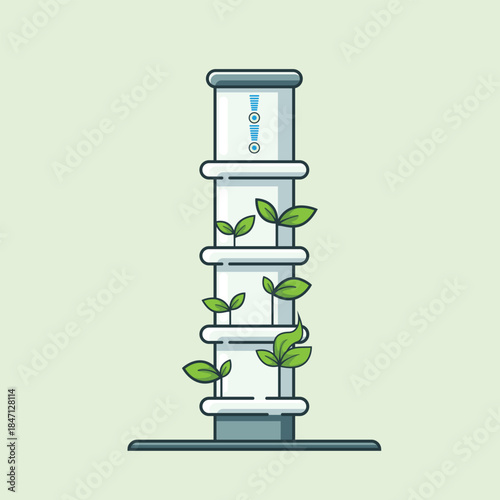 Clean flat illustration of a vertical hydroponic tower with young plants growing in stacked modules. Concept of sustainable agriculture, indoor farming, and modern food production.