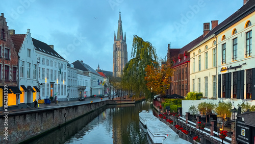 Medieval architecture on the autumn streets of historic center of Bruges, Belgium, October 20, 2025.