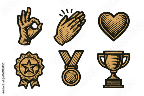 Vintage hand drawn icons: success, recognition, and appreciation collection