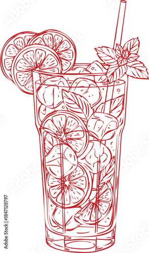 Red Line Art Sketch of a Tall Glass Filled with Ice Citrus Slices and Mint Leaves drink beverage
