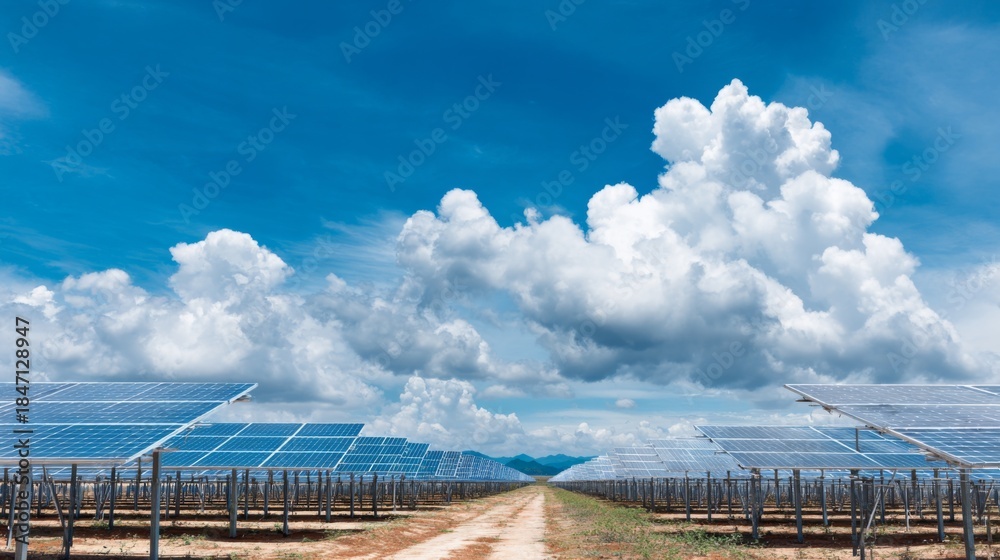 Fototapeta premium Expansive Solar Panel Farm Under Vast Blue Sky with Fluffy Clouds and Open Pathway for Clean Energy and Sustainable Development