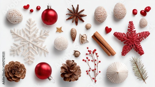 Christmas elements on white background, top view