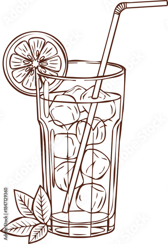 Sketch of a Tall Glass of Iced Drink with Lemon Slice and Mint Leaves beverage refreshment