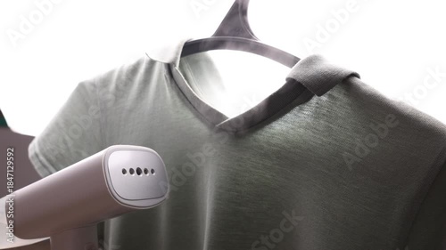 A close-up of the process of ironing clothes with a steam iron, making clothes smooth with steam