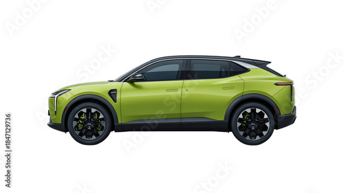 Side view showcasing sleek electric car in vibrant green against a studio backdrop, revealing its modern design and aerodynamic features