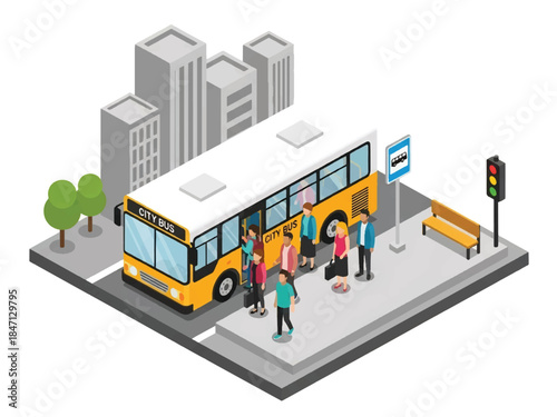 Isometric vector 3D view of a public bus transit system with passengers boarding at stops, highlighting efficient urban mobility and sustainable city transportation