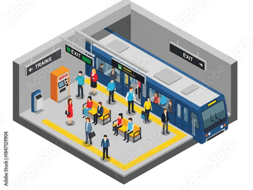Isometric vector 3D view of an underground metro station with commuters on platforms, representing fast, reliable public transportation in a modern city