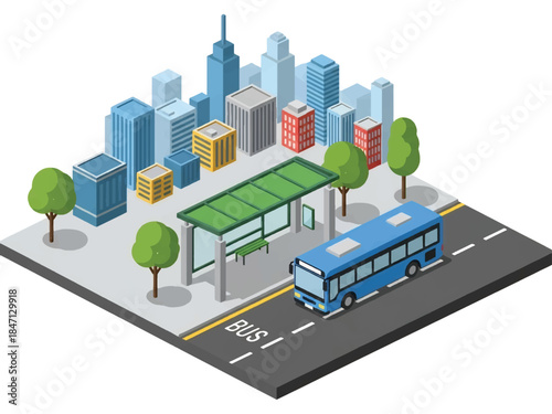 Isometric vector 3D view of a public bus transit system with passengers boarding at stops, highlighting efficient urban mobility and sustainable city transportation