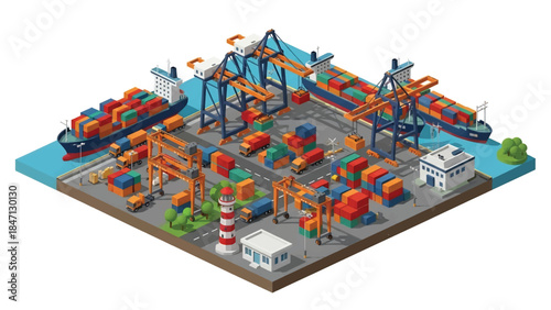 Isometric vector 3D view of a cargo shipping port with container ships, cranes, and trucks, illustrating global trade and maritime transportation logistics