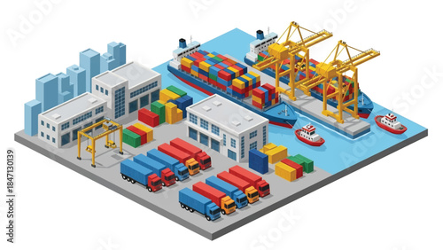 Isometric vector 3D view of a cargo shipping port with container ships, cranes, and trucks, illustrating global trade and maritime transportation logistics