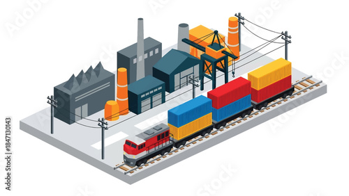 Isometric vector 3D view of railway freight transport with cargo trains moving containers through industrial landscapes, highlighting efficient rail logistics systems
