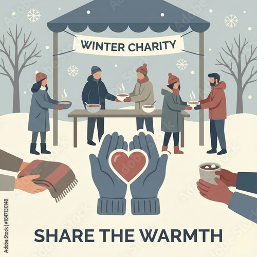 People sharing warm soup and blankets at a winter charity event