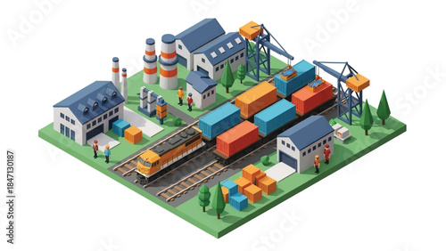 Isometric vector 3D view of railway freight transport with cargo trains moving containers through industrial landscapes, highlighting efficient rail logistics systems