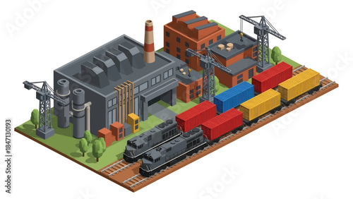 Isometric vector 3D view of railway freight transport with cargo trains moving containers through industrial landscapes, highlighting efficient rail logistics systems