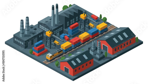 Isometric vector 3D view of railway freight transport with cargo trains moving containers through industrial landscapes, highlighting efficient rail logistics systems