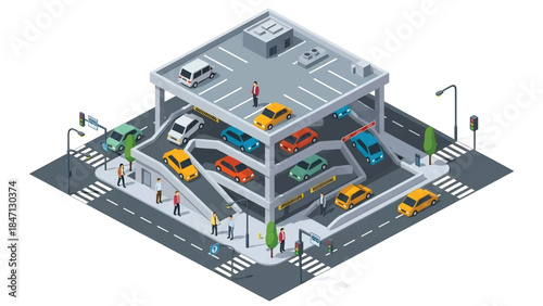 Isometric vector 3D view of a multi-level urban parking facility with cars entering and exiting, highlighting essential city transport infrastructure
