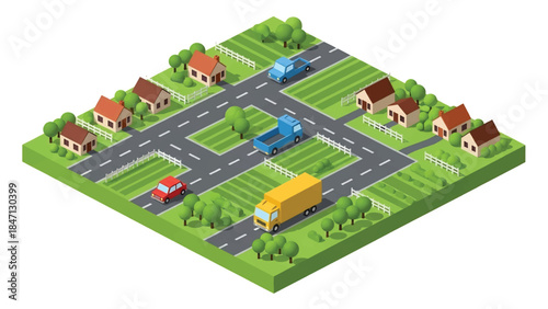 Isometric vector 3D view of rural road transportation with vehicles passing fields and villages, illustrating countryside mobility and regional transport networks