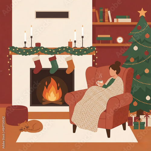 Cozy woman relaxing by fireplace with Christmas tree and gifts nearby