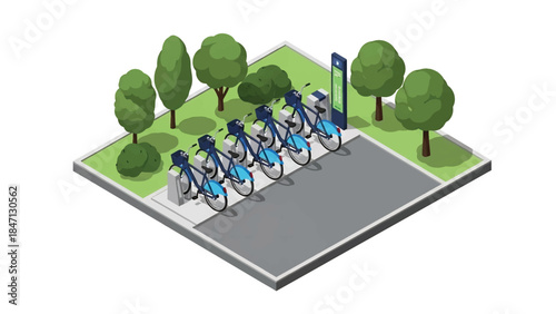 Isometric vector 3D view of a bicycle sharing station with docked bikes and users, highlighting sustainable public transportation in urban environments