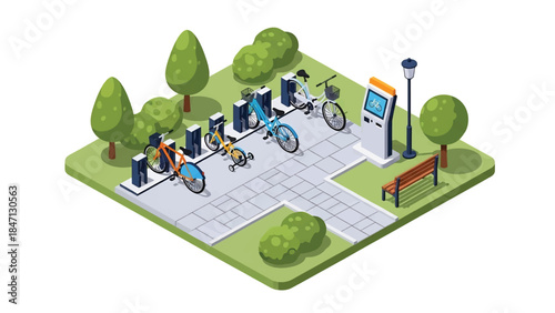 Isometric vector 3D view of a bicycle sharing station with docked bikes and users, highlighting sustainable public transportation in urban environments