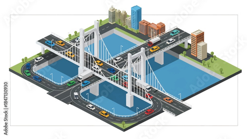 Isometric vector 3D view of vehicles crossing a large urban bridge over a river, city infrastructure, traffic flow, and modern transportation network