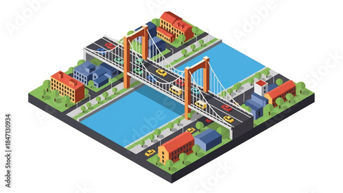 Isometric vector 3D view of vehicles crossing a large urban bridge over a river, city infrastructure, traffic flow, and modern transportation network