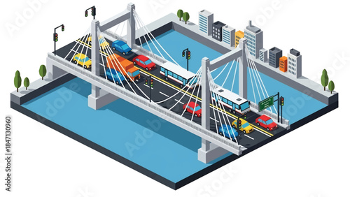 Isometric vector 3D view of vehicles crossing a large urban bridge over a river, city infrastructure, traffic flow, and modern transportation network