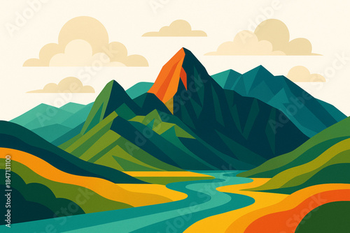 Stylized Ecuadorian Andes Landscape Illustration with Mountains, Rivers, Clouds, Abstract Geometric Vector Art, White Background