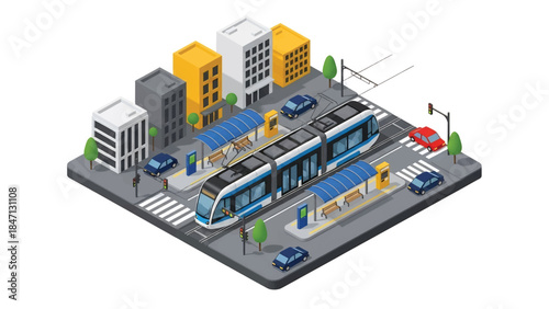 Isometric vector 3D view of a modern city tram system running through urban streets, efficient public rail transportation and sustainable mobility concept