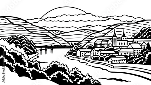 Very beautiful sunset view of Harpers Ferry, West Virginia from Maryland Heights, featuring warm light over rivers, historic townscape, layered mountains, and a peaceful meeting of nature and history.