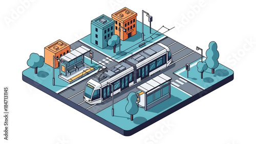 Isometric vector 3D view of a modern city tram system running through urban streets, efficient public rail transportation and sustainable mobility concept