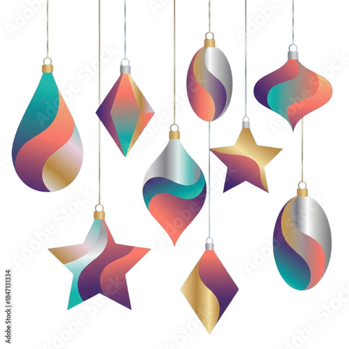 Vibrant colorful Christmas ornaments hanging in various shapes and sizes