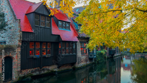 Medieval architecture on the autumn streets of historic center of Bruges, Belgium, October 20, 2025.