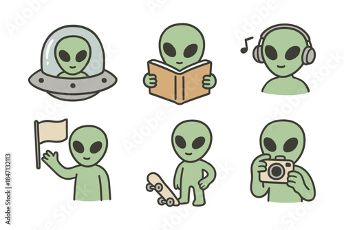 Cute cartoon aliens engaged in fun activities