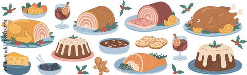 Holiday Feast Vector Illustrating Christmas Meal and Drinks