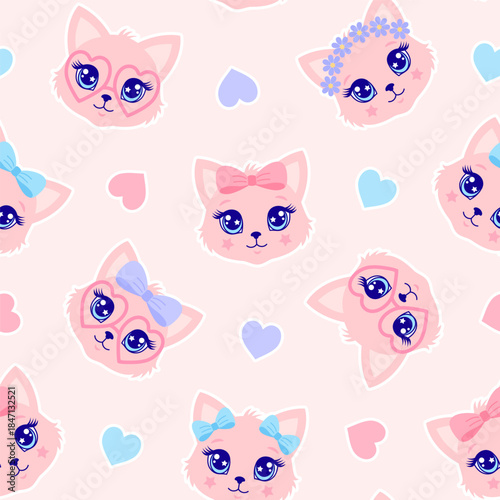Seamless pattern with cute pink cat faces scattered with hearts on a light pink background.
