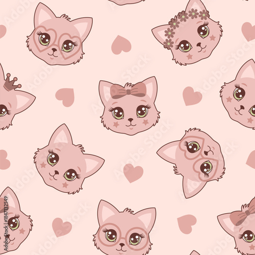 Seamless pattern with cute  cat faces scattered with hearts on a light beige background.