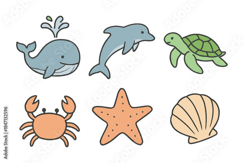 Charming sea life graphics with cute marine animals and seashells