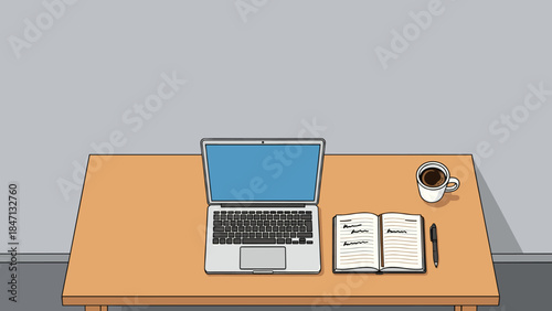Overhead view of a minimalist workspace with a laptop, notebook, pen, and coffee cup on a wooden desk.