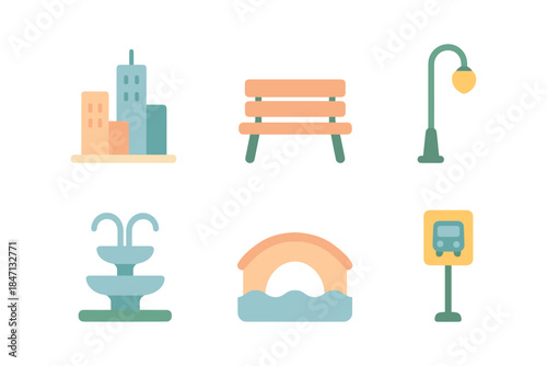 Minimalist urban elements set with buildings, bench, lamp, fountain, bridge, and bus stop
