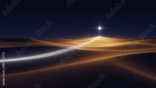 A solitary guiding star rising above silent desert dunes, carving luminous paths across the night sky in the Nativity story of Bethlehem
