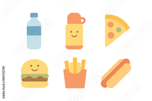 Cute flat style fast food icons: burger, pizza, hot dog, fries, water bottle, thermos
